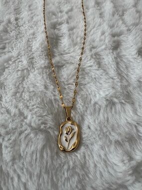 Gold-Tone Tulip Medallion Necklace with White Enamel